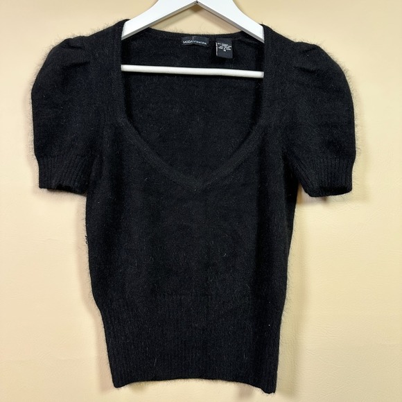 Moda International Angora‎ Blend Sweater Puff Sleeve Black Top Size M - Picture 1 of 6